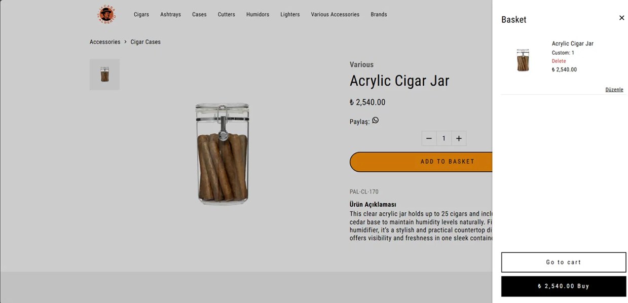 Product page with a slide-out basket drawer open alongside it