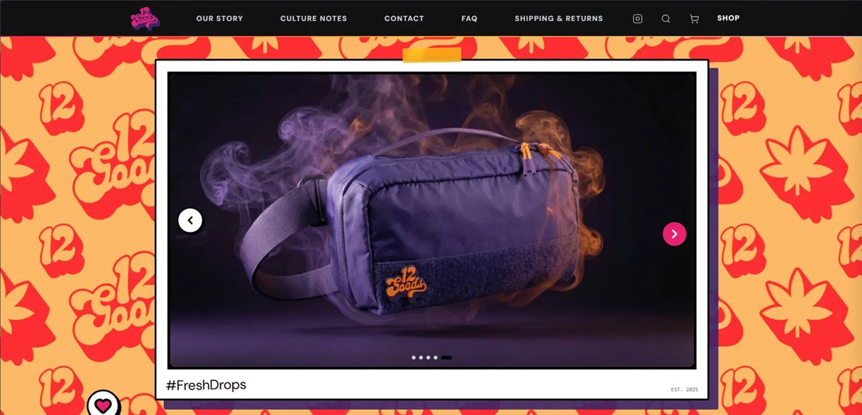 Storefront home page with a rotating product carousel over a patterned background