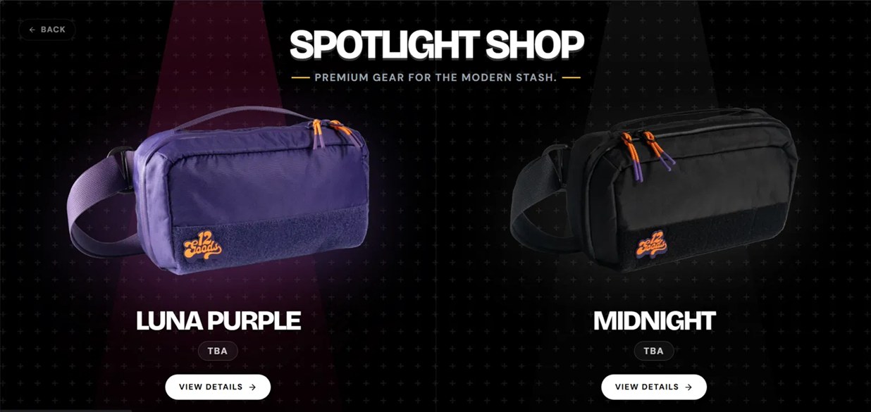 Product listing with each product lit on a dark staged background
