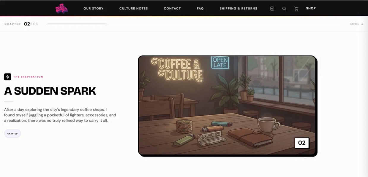 Brand story page laid out as a numbered chapter with illustration and progress bar