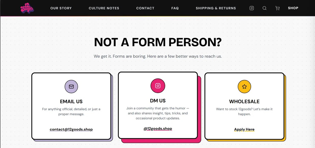 Contact section offering three direct routes instead of a form